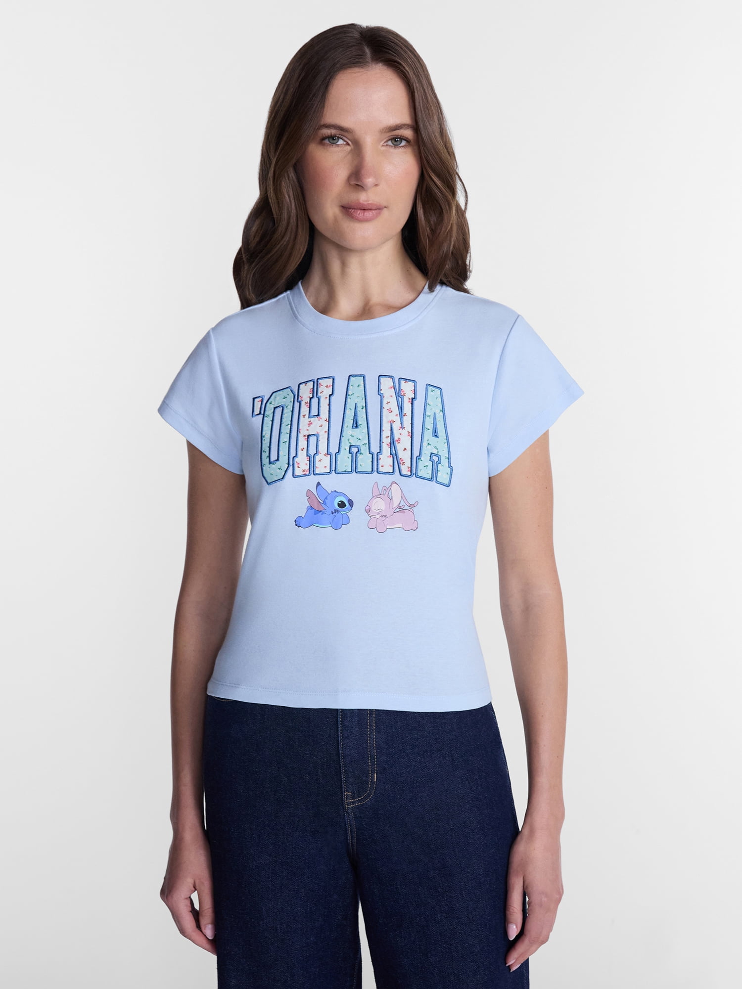 Disney Women’s Stitch and Angel Graphic Baby Tee, Sizes XXS-XXL