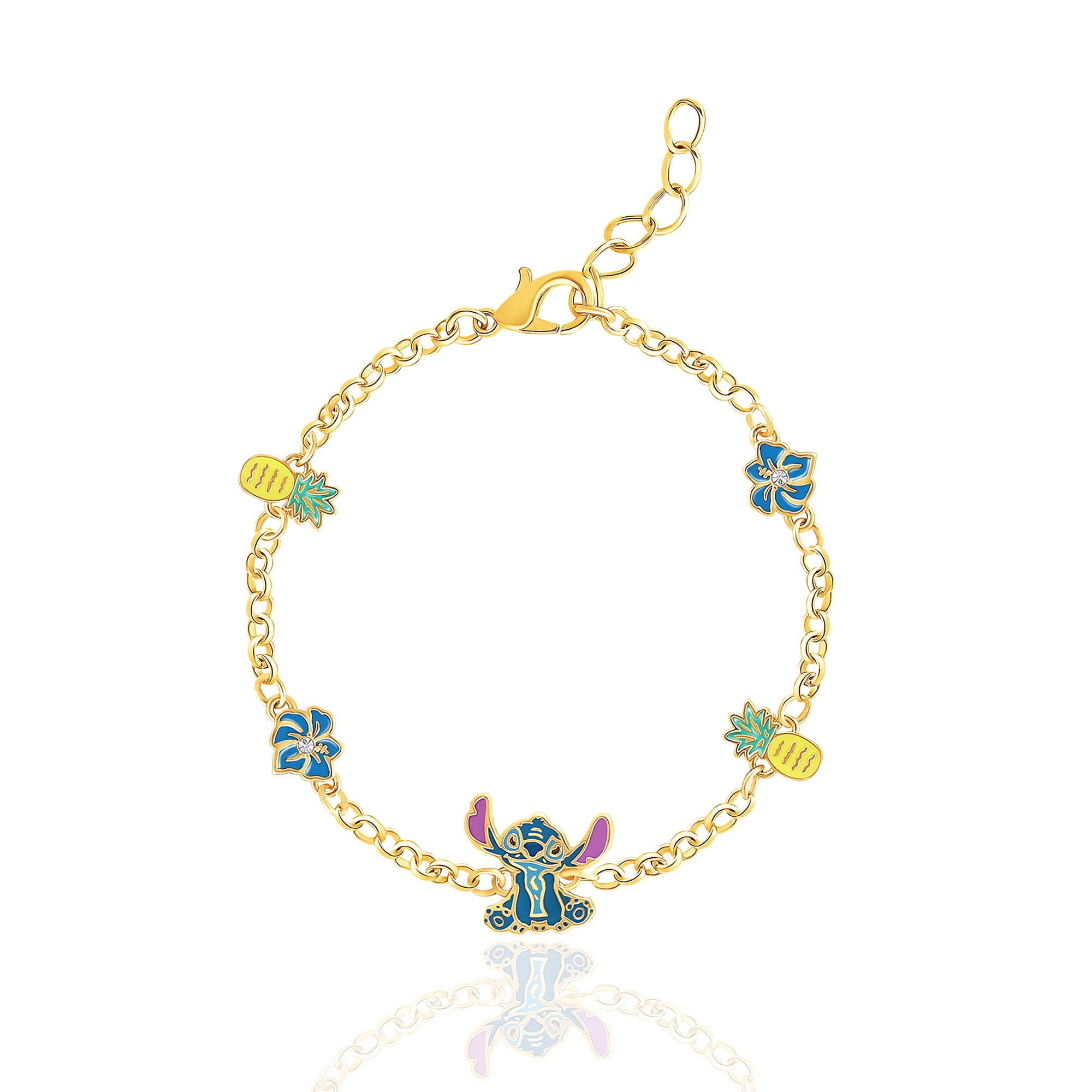 Disney Womens Stitch Bracelet with Station Pendants 6.5" + 1" - Gold Plated Stitch Jewelry Officially Licensed