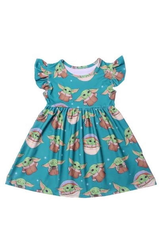 7Y-8Y Disney Yoda Dress Girls Cartoon Print Baby Children Kids Dresses Cute Birthday Party Princess Clothing for Baby Girls 7Y -8Y
