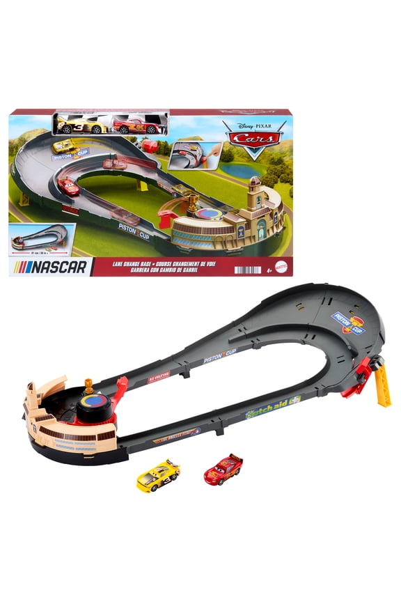 Disney and Pixar Cars NASCAR Lane Change Race Playset with 2 Toy Vehicles, Includes Lightning McQueen