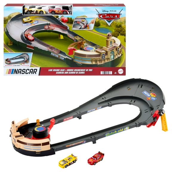 Disney and Pixar Cars NASCAR Lane Change Race Playset with 2 Toy Vehicles, Includes Lightning McQueen