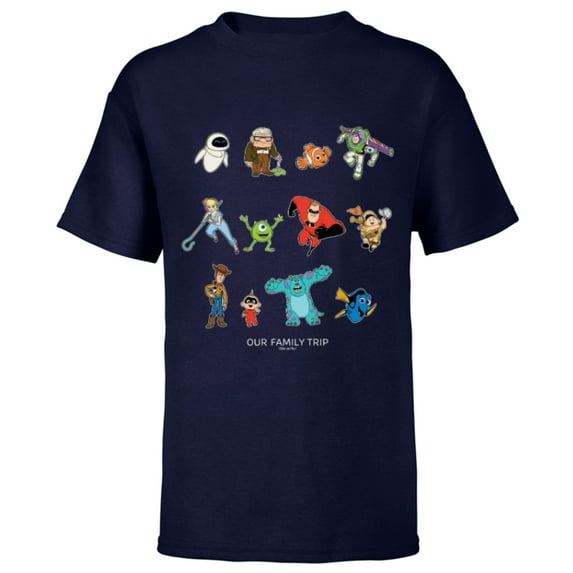 Disney and Pixar Characters Vacation Our Family Trip - Short Sleeve T-Shirt for Kids - Customized-Navy