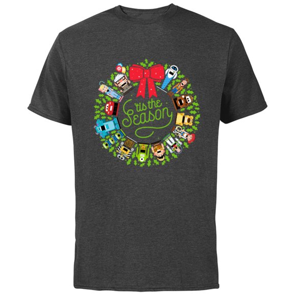 Disney and Pixar Seasonal Wreath ‘Tis the Season Holiday - Short Sleeve Cotton T-Shirt for Adults - Customized-Charcoal