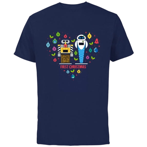 Disney and Pixar WALL-E & EVE Romantic Heart First Christmas - Short Sleeve Cotton T-Shirt for Adults - Customized-Navy