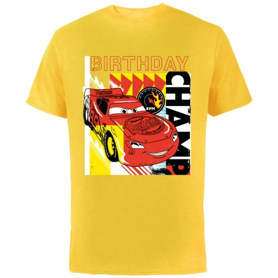 Disney and Pixar’s Cars Lightning McQueen Birthday Champ - Short Sleeve Cotton T-Shirt for Adults - Customized-Yellow