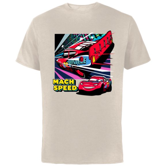 Disney and Pixar’s Cars Mach Speed Lightning McQueen Racing - Short Sleeve Cotton T-Shirt for Adults - Customized-Natural