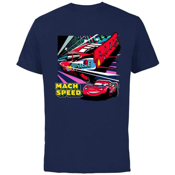 Disney and Pixar’s Cars Mach Speed Lightning McQueen Racing - Short Sleeve Cotton T-Shirt for Adults - Customized-Navy