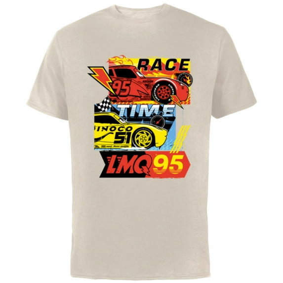 Disney and Pixar’s Cars Race Time Lightning McQueen Racing - Short Sleeve Cotton T-Shirt for Adults - Customized-Natural