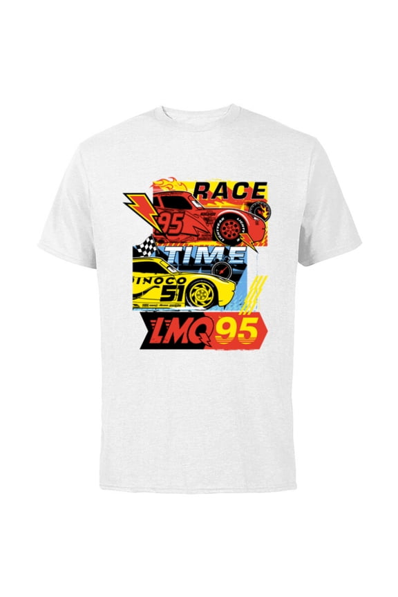 Disney and Pixar’s Cars Race Time Lightning McQueen Racing - Short Sleeve Cotton T-Shirt for Adults - Customized-White