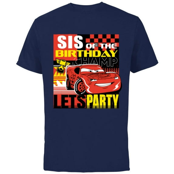 Disney and Pixar’s Cars Sis of the Birthday Champ Party - Short Sleeve Cotton T-Shirt for Adults - Customized-Navy