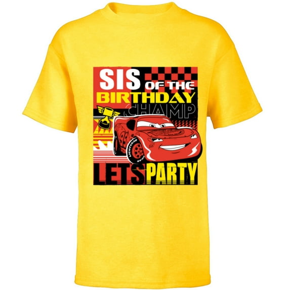 Disney and Pixar’s Cars Sis of the Birthday Champ Party - Short Sleeve T-Shirt for Kids - Customized-Yellow