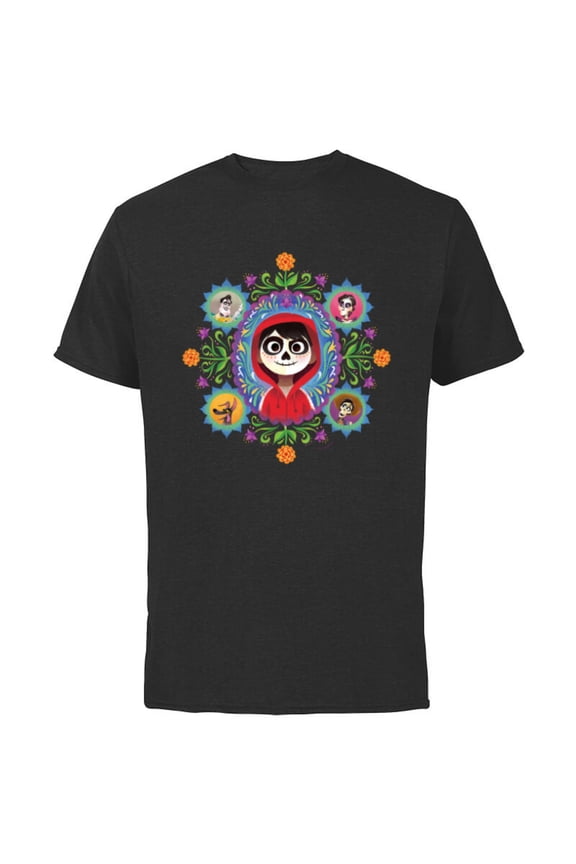 Disney and Pixar’s Coco Miguel Colorful Florals - Short Sleeve Cotton T-Shirt for Adults - Customized-Black