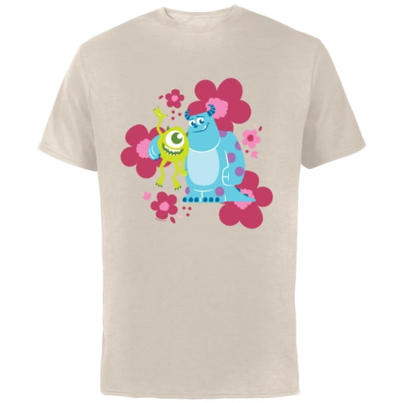 Disney and Pixar’s Monsters Inc Cute Sulley & Mike Flowers - Short Sleeve Cotton T-Shirt for Adults - Customized-Natural