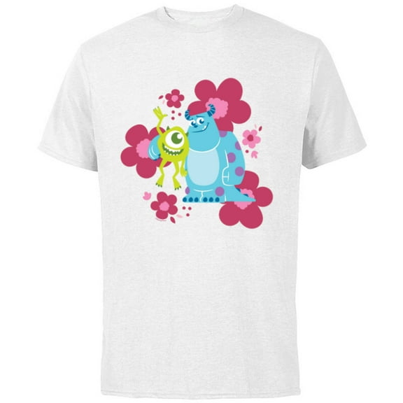 Disney and Pixar’s Monsters Inc Cute Sulley & Mike Flowers - Short Sleeve Cotton T-Shirt for Adults - Customized-White
