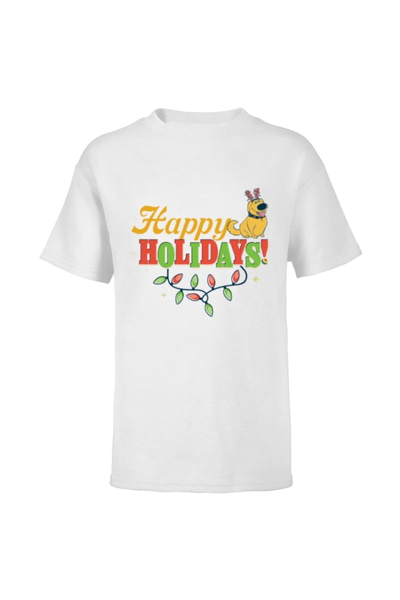 Disney and Pixar’s Up Dug Christmas Lights Happy Holidays - Short Sleeve T-Shirt for Kids - Customized-White