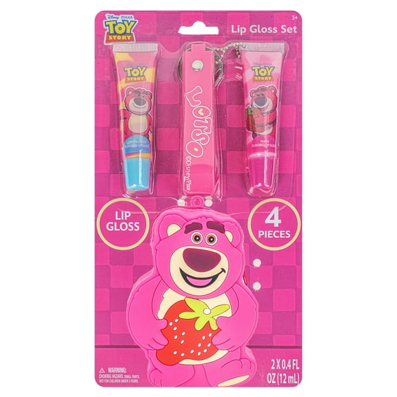 Toy Story Lotso Lip Gloss Set with Silicone Character Bag, Kids Ages 3+, 4 Pieces