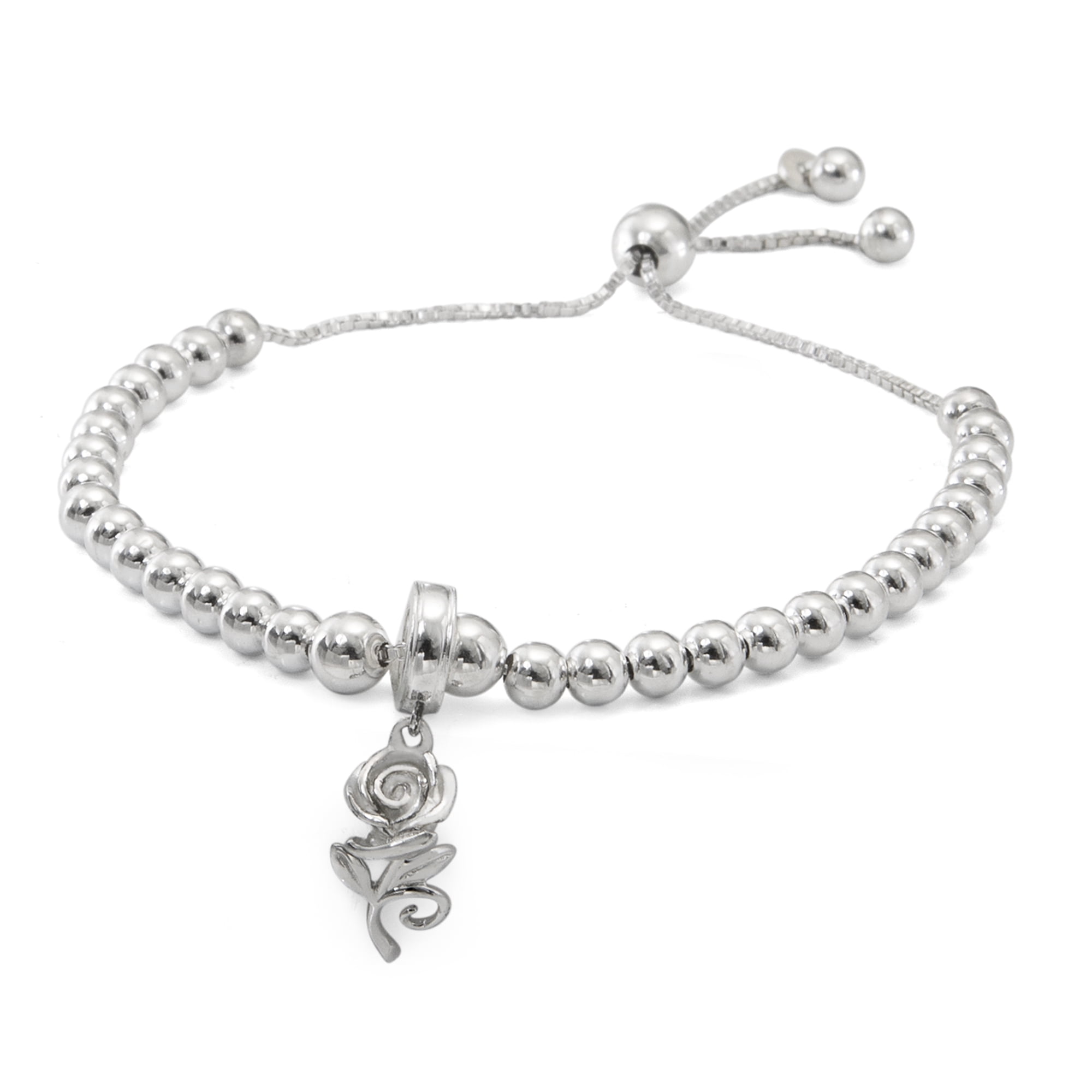 Disney's Beauty and the Beast Sterling Silver Rose Beaded Lariat Charm Bracelet
