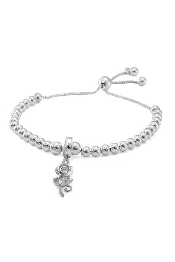 's Beauty and the Beast Sterling Silver Rose Beaded Lariat Charm Bracelet