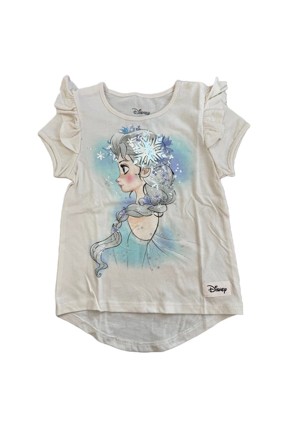 Disney's Frozen Elsa with Silver Foil Snowflakes, Little Girl's Hi-Lo Ivory T-Shirt S (6/6X)