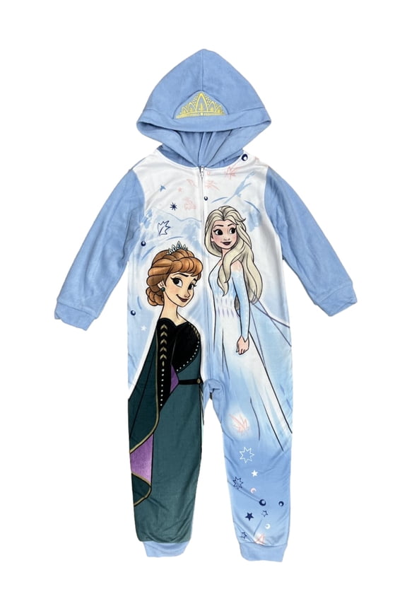 Girls Frozen Anna & Elsa Blue Princess Union Sleeper Pajamas 4