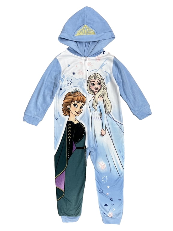 Girls Frozen Anna & Elsa Blue Princess Union Sleeper Pajamas 4