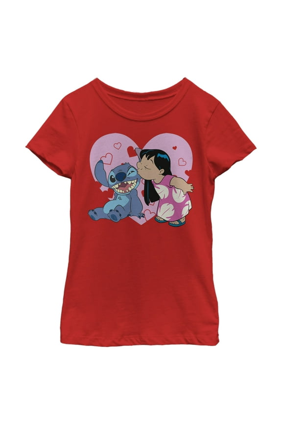 Girl's Lilo & Stitch Valentine's Day Kisses Graphic Tee Red Medium