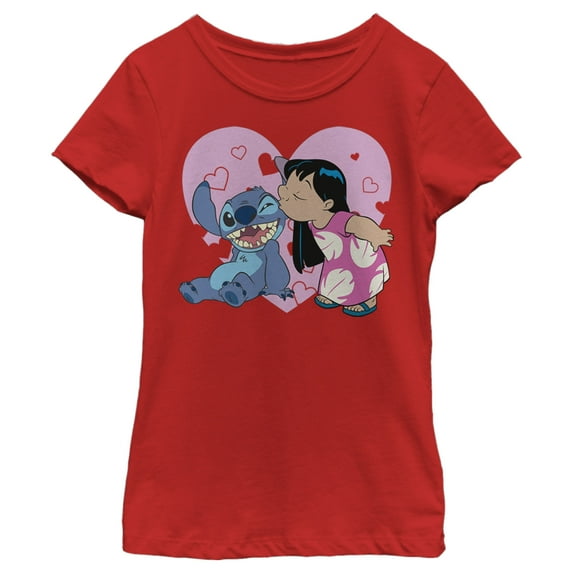 Girl's Lilo & Stitch Valentine's Day Kisses  Graphic Tee Red X Large