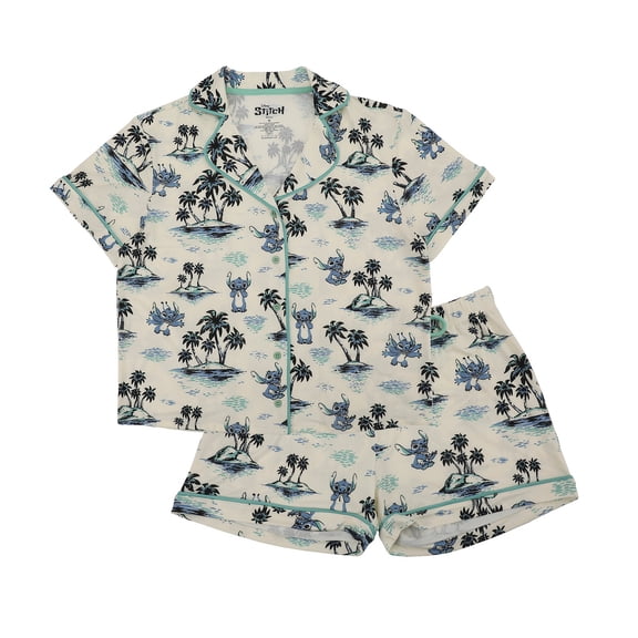 Disney’s Lilo & Stitch Classic Hawaii Women’s Notch Collar Button-Down Shirt and Shorts Sleepwear Set -Medium