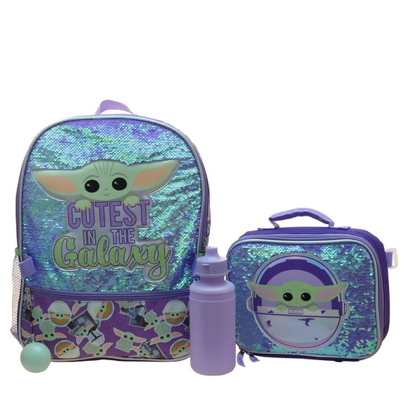 Disneys Mandalorian Baby Yoda Girls 4 Piece Backpack set, Flip Sequin School Bag with Front Zip Pocket, Mesh Side Pockets, Insulated Lunch Box, Water Bottle, and Squish Ball Dangle, Purple
