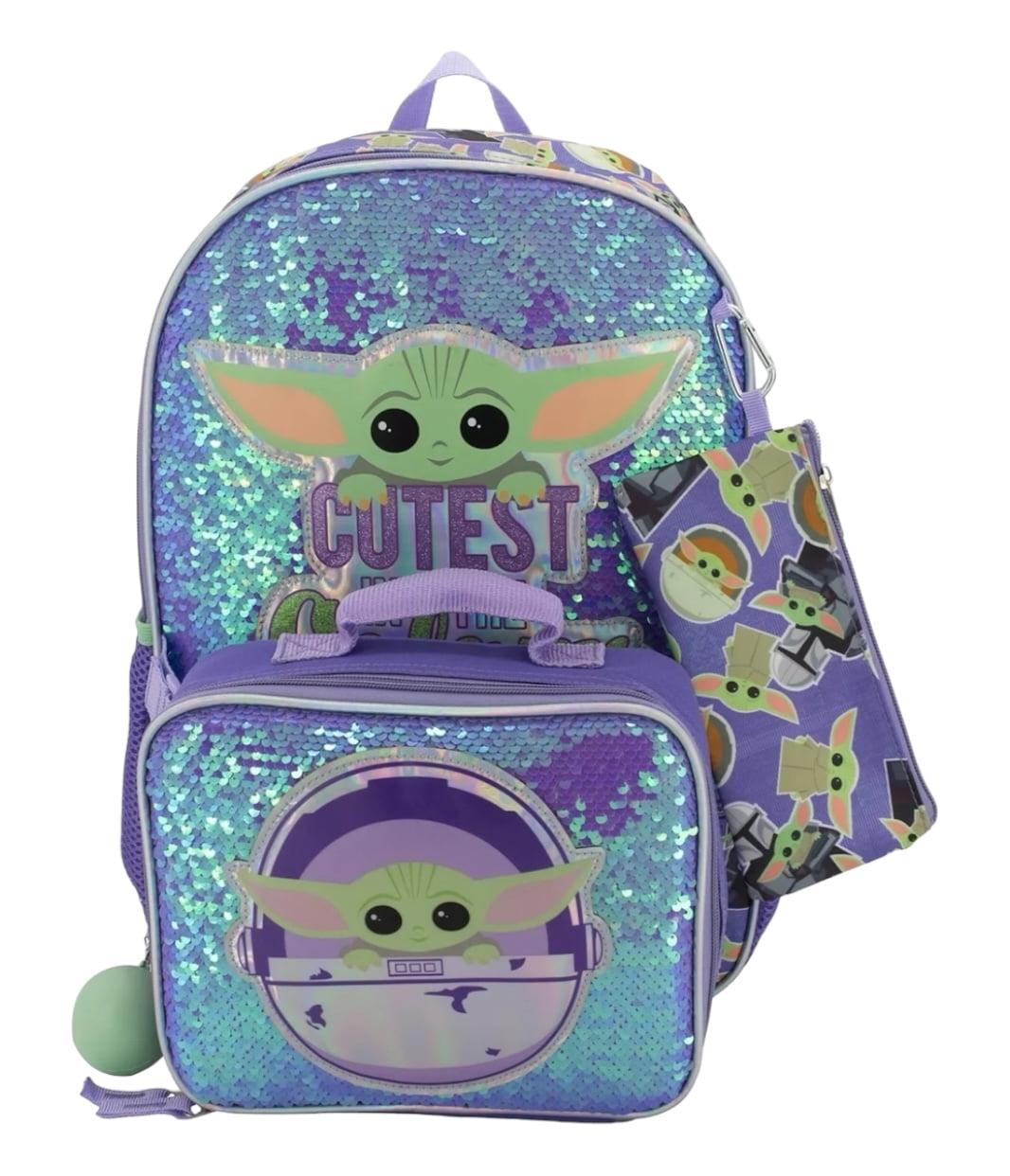 Disneys Mandalorian Baby Yoda Girls 5 Piece Backpack set Flip Sequin School Bag with Front Zip Pocket Mesh Side Pockets Insulated Lunch Bag Gadget Case Carabiner and Squish Ball Dangle, Purple