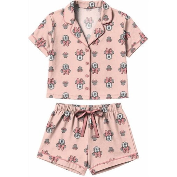 Disney’s Minnie Mouse Women’s Notch Collar Button-Down Shirt and Shorts Sleepwear Set -Medium