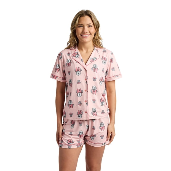 Disney's Minnie Mouse Women's Notch Collar Button-Down Shirt and Shorts Sleepwear Set -Small