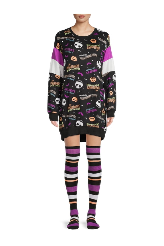 's Nightmare Before Christmas Crew Women's and Women's Plus Sleepshirt with Socks, 2-Piece