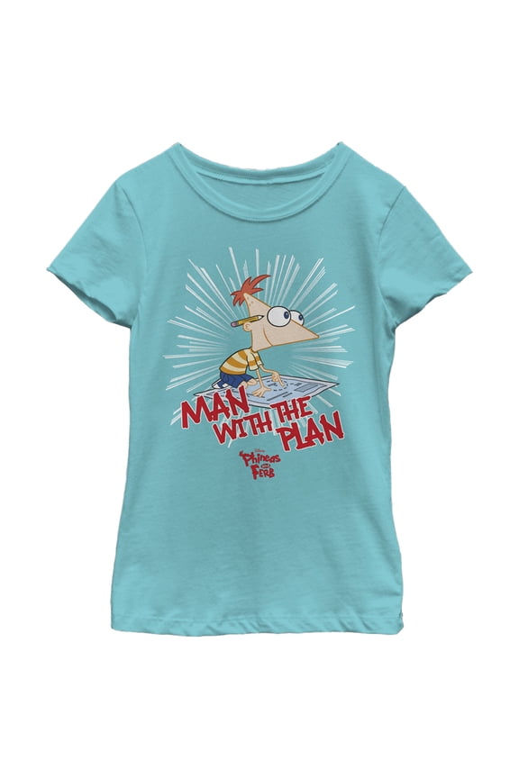 Girl's Phineas & Ferb Phineas and Ferb Man With Plan Graphic Tee Tahiti Blue Medium