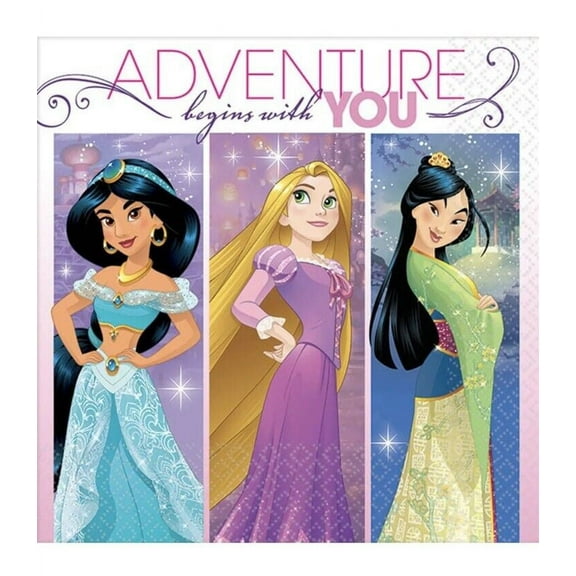 Disney's Princesses "Adventure Begins with You" Jasmine, Rapunzel, and Mulan Beverage Napkins, 16 Count