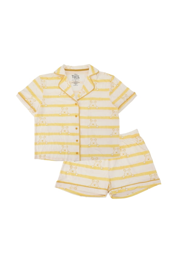 Disney’s Winnie the Pooh Women’s Notch Collar Button-Down Shirt and Shorts Sleepwear Set -Small