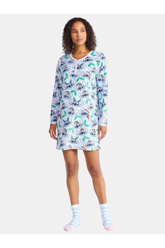 Women's and Women's Plus Stitch Christmas Print Henley Sleepshirt and Plush Socks Set, 2-Piece, Sizes XS-3X