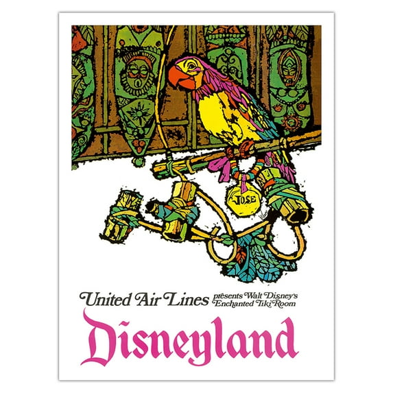 Disneyland - Enchanted Tiki Room - José the Mexican Macaw - United Air Lines - Vintage Airline Travel Poster by James Jebavy c.1968 - Bamboo Fine Art 290gsm Paper Print (Unframed) 24x32in