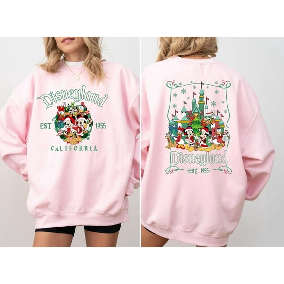 Disneyland Est 1955 Christmas Sweatshirt, Mickey And Friends Christmas Christmas Family Sweatshirt,Light Pink Color,Size L
