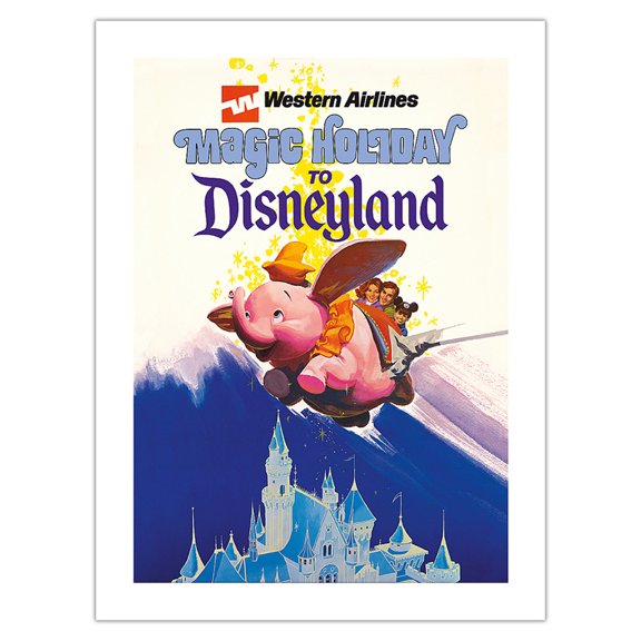 Disneyland Magic Holiday - Western Airlines - Dumbo The Flying Elephant - Vintage Airline Travel Poster c.1970s - Bamboo Fine Art 290gsm Paper Print (Unframed) 24x32in