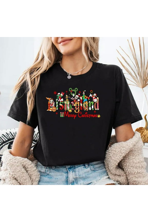 Disneyland Merry Christmas Party 2025 Shirt, Disney Mickey and Friends Xmas Tee, Vacation Family Gifts, Magical Castle Tee,Black Color,Size XL