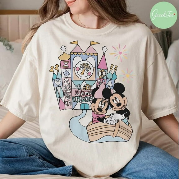 Disneyland Minnie Mouse Shirt, Retro Rainbow Pastel Ride T-shirt, Mickey and Minnie Shirt, Mickey Mouse Gift, Small World Tee,Sand Color,Size 3XL