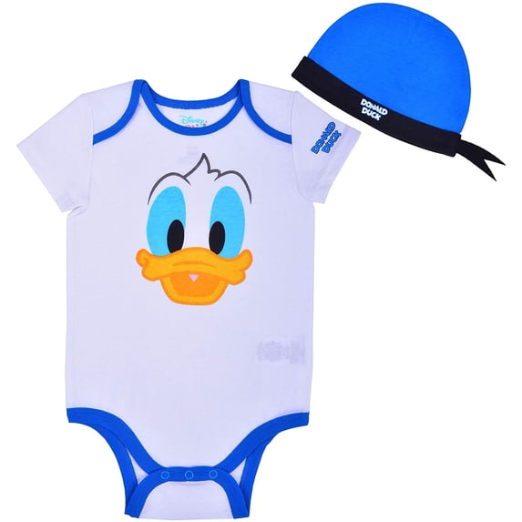 Disneys Donald Duck Bodysuit and Cap Bundle, Play or Nap Onesie, Baby's Romper Set, Size 3M White