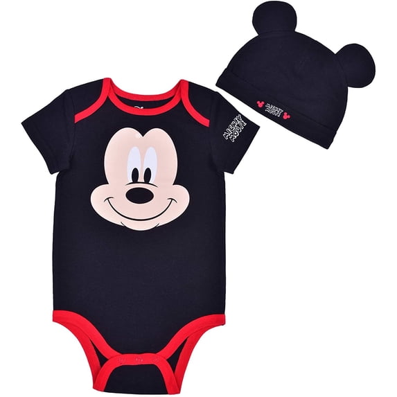 Disneys Mickey Mouse Bodysuit and Cap, Play or Nap Onesie, Baby's Romper Set, Black, Size 18M