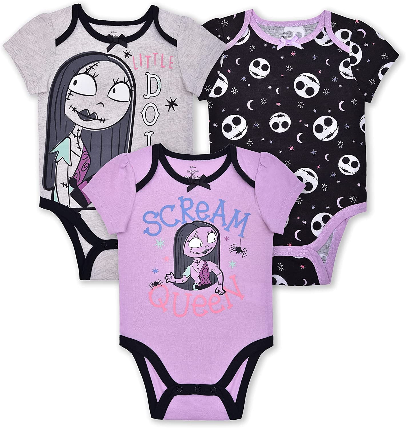 Disneys Night Before Christmas 3 Pack Short Sleeve Creeper for Baby, Girls Bodysuit Bundle