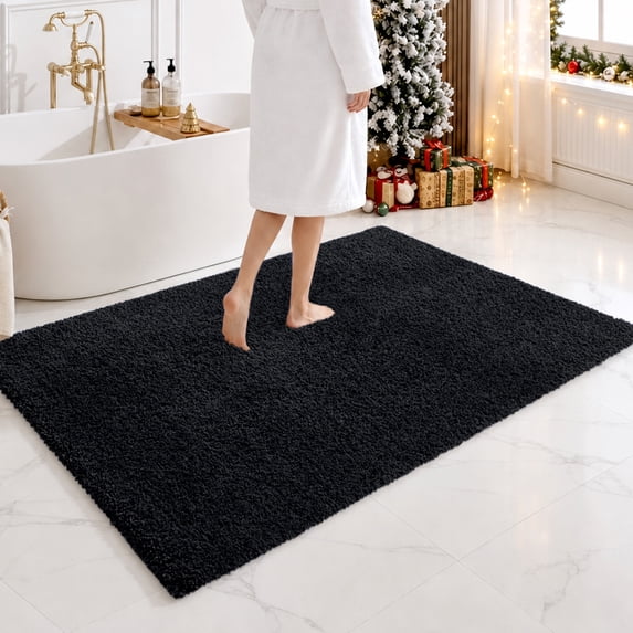 Disolla 48 x 70 Black Ultra Thick Plush Fluffy Microfiber Bath Mat & Non Slip Washable Bath Rug, Shaggy Floor Mat