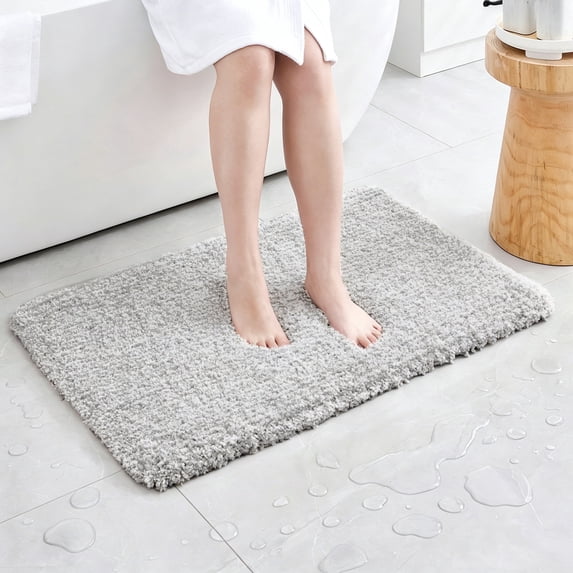 Disolla Ultra Thick Plush Fluffy Microfiber Bath Rug, White & Grey 24 x 36 Non Slip Absorbent Washable Carpet for Bathroom Floor