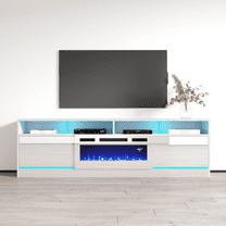 Disparo WH-05 Fireplace TV Stand for TVs up to 90", Modern High Gloss 79" Entertainment Center, Electric Fireplace TV Media Console with Storage Cabinets and LED Lights