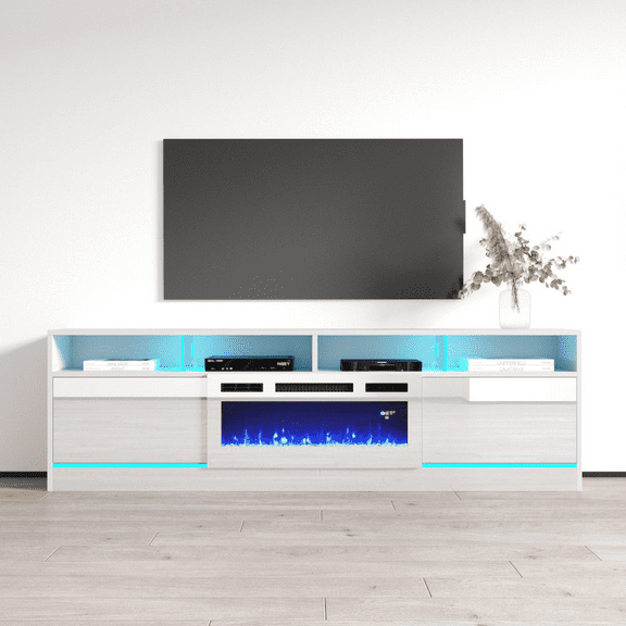 Disparo WH-05 Fireplace TV Stand for TVs up to 90", Modern High Gloss 79" Entertainment Center, Electric Fireplace TV Media Console with Storage Cabinets and LED Lights
