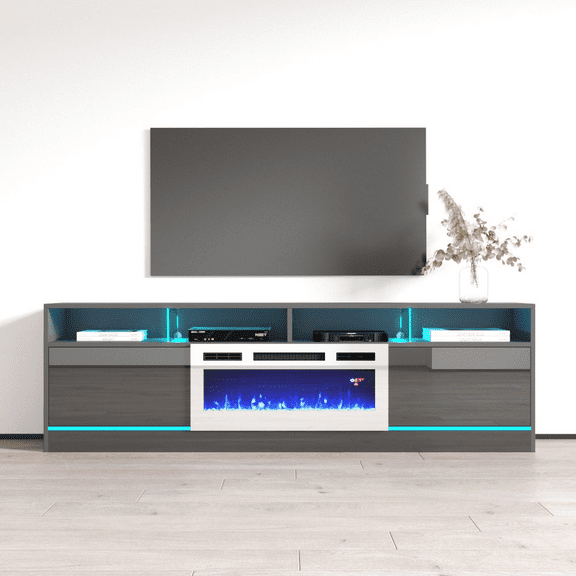 Disparo WH-05 Fireplace TV Stand for TVs up to 90", Modern High Gloss 79" Entertainment Center, Electric Fireplace TV Media Console with Storage Cabinets and LED Lights